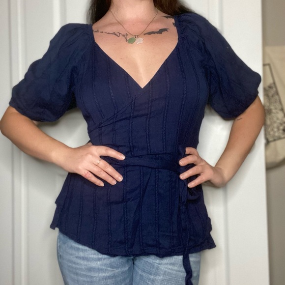 Shoujo Girl Balletcore Downtown Girl Navy Blue Puff Sleeve Babydoll Wrap Top - Picture 1 of 6